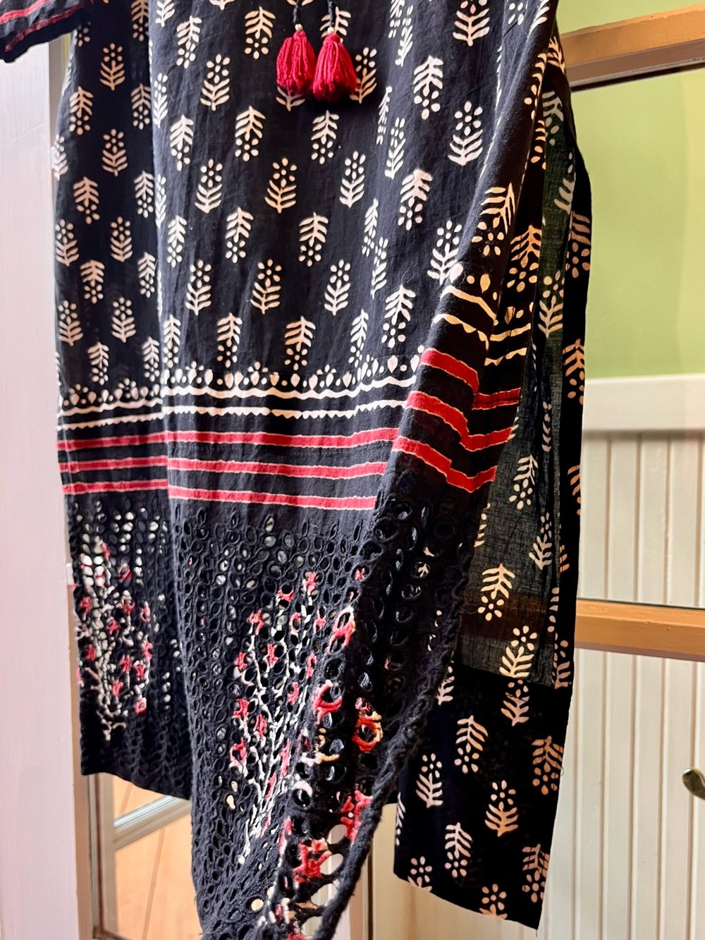 Boho Black Tunic Dress with Red Tassels & Beadwork, Swim Cover-up or Party - Picture 3 of 8